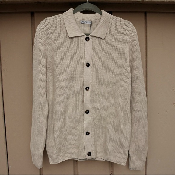 ZARA • Beige Knit Button Up Collared Cardigan Sweater - Picture 5 of 5